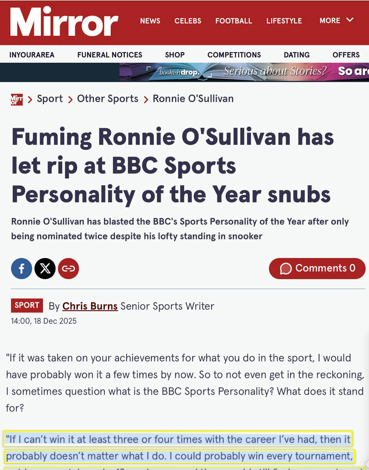 奥沙利文痛斥“BBC年度体育人物”评选不公，自嘲身份受限于斯诺克